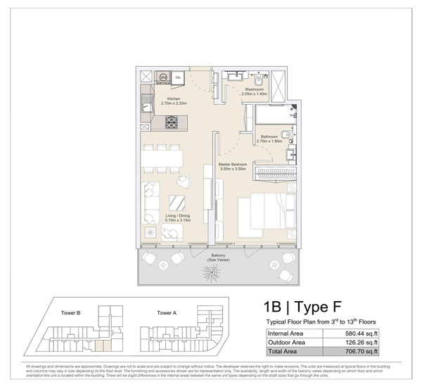 1 BR, Type F, Typical Floor Plan from 3rd to 13th Floors