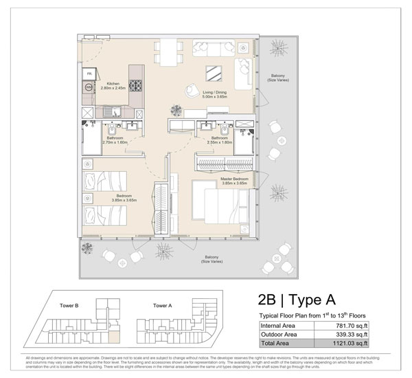 2 BR, Type A, Typical Floor Plan from 1st to 13th Floors