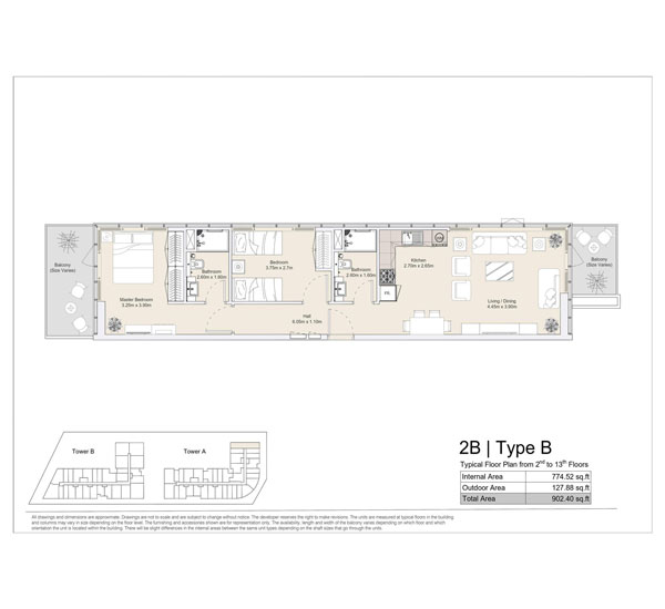 2 BR, Type B, Typical Floor Plan from 2nd to 13th Floors