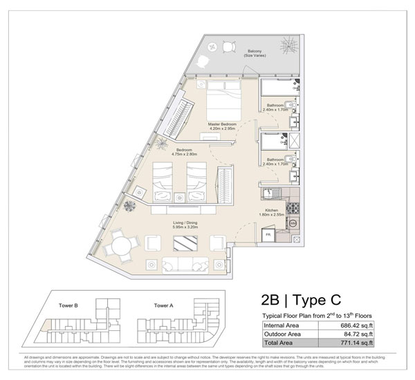 2 BR, Type C, Typical Floor Plan from 2nd to 13th Floors
