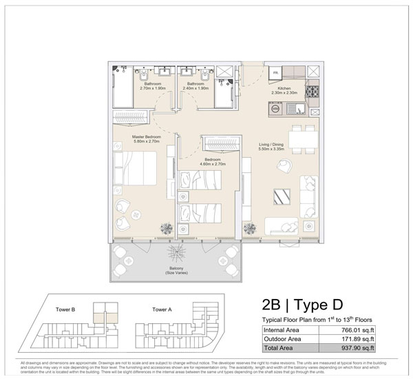 2 BR, Type D, Typical Floor Plan from 1st to 13th Floors