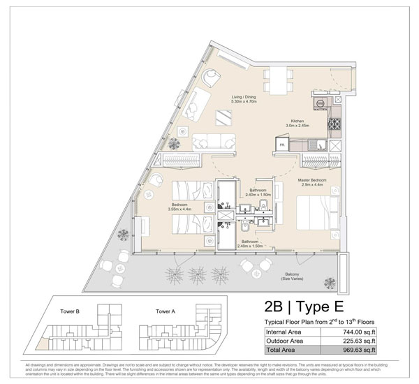 2 BR, Type E, Typical Floor Plan from 2nd to 13th Floors