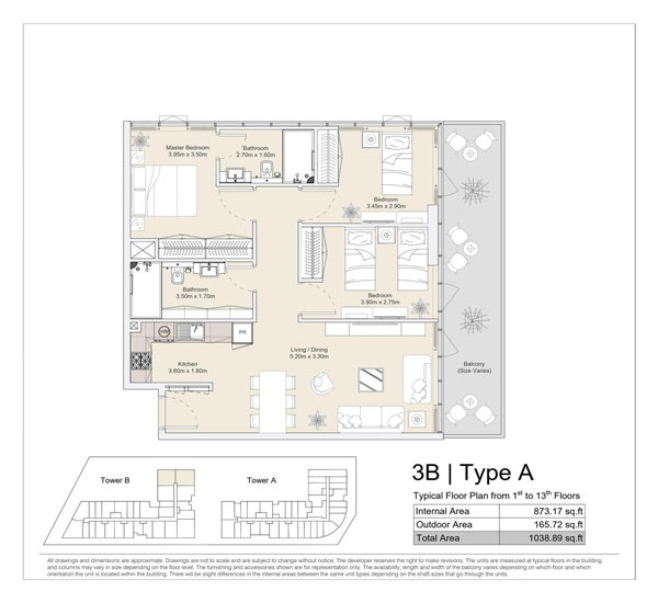 3 BR, Type A, Typical Floor Plan from 1st to 13th Floors